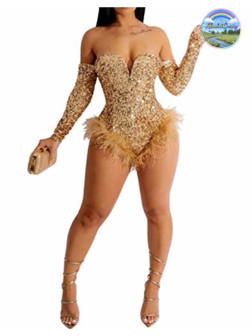 Rhinestone Sequin Bodysuit Feather Trim Sweetheart Neck Snap Closure